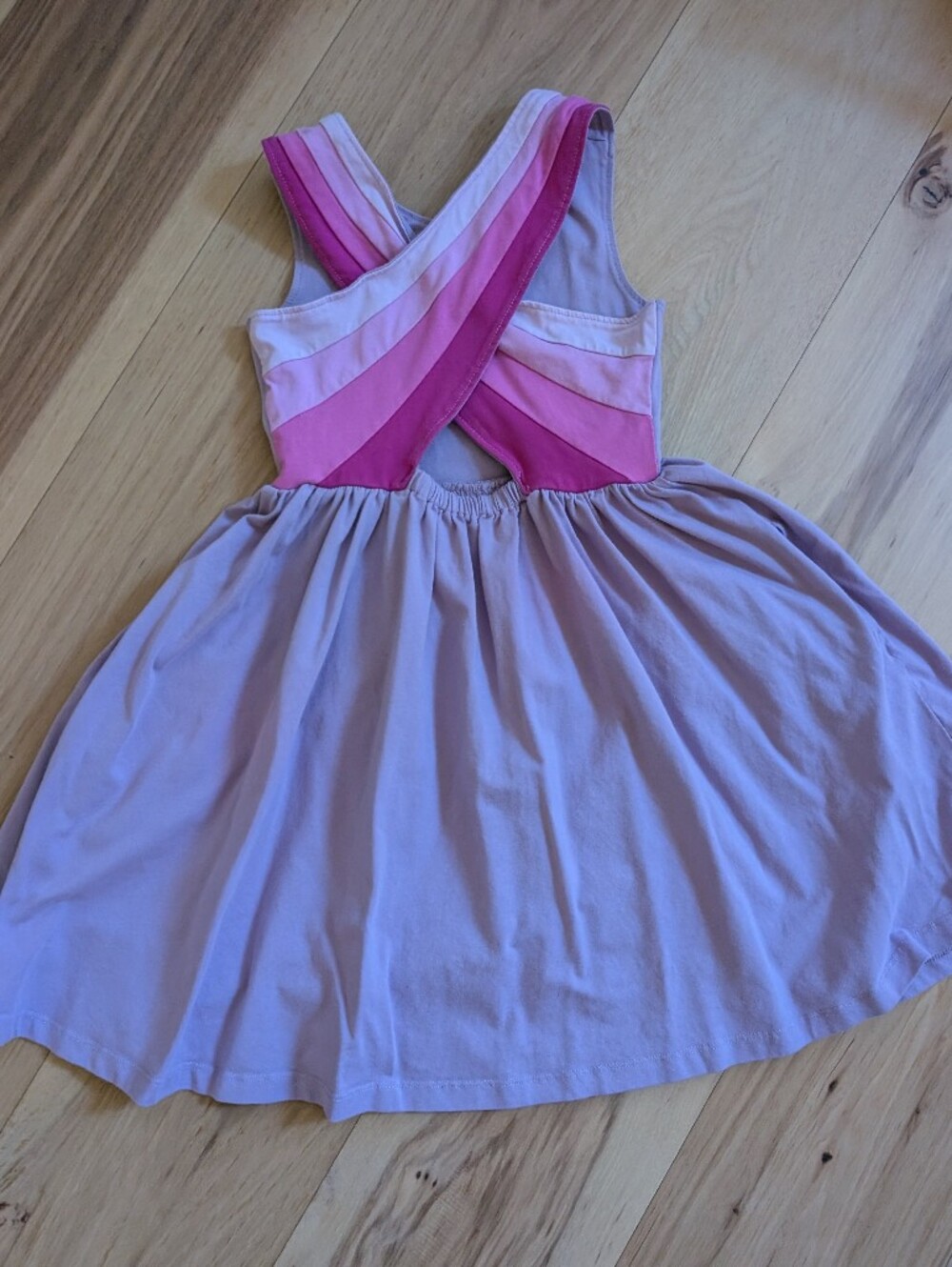 Hanna Andersson Lilac & Pink Striped Cross-Back Dress Sz 6-7